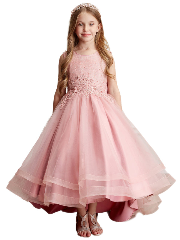 Little Girls Mauve Pearl Rhinestone Lace Tail Skirt Flower Girl Dress 2-6 - SophiasStyle.com