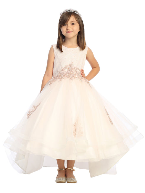 Little Girls Blush Pearl Rhinestone Lace Tail Skirt Flower Girl Dress 2-6 - SophiasStyle.com