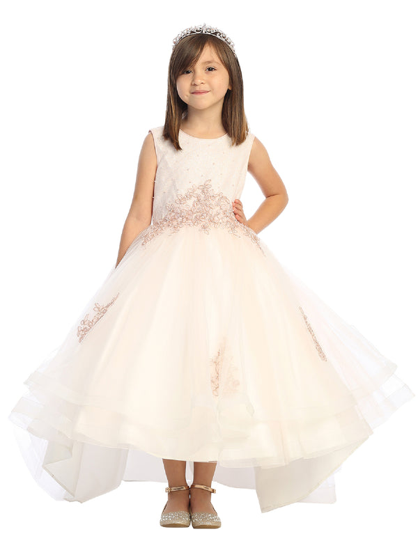 Little Girls Blush Pearl Rhinestone Lace Tail Skirt Flower Girl Dress 2-6 - SophiasStyle.com