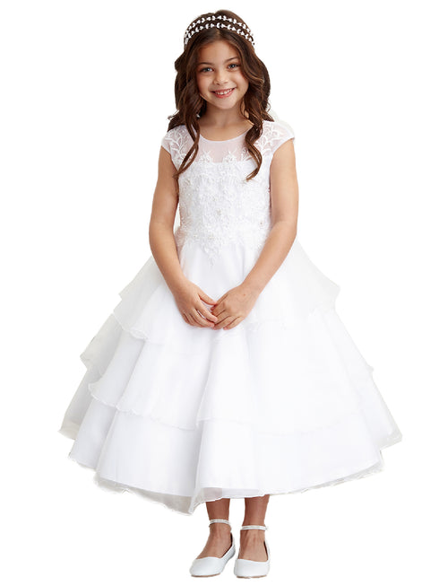 Tip Top Kids Little Girls White Illusion Neck Ruffle Skirt Communion Dress 2-6 - SophiasStyle.com