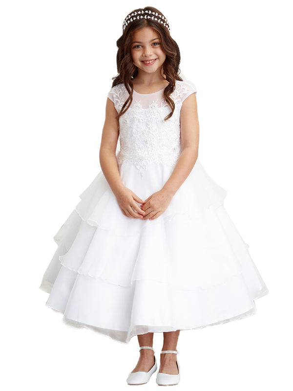 Tip Top Kids Little Girls White Illusion Neck Ruffle Skirt Communion Dress 2-6 - SophiasStyle.com