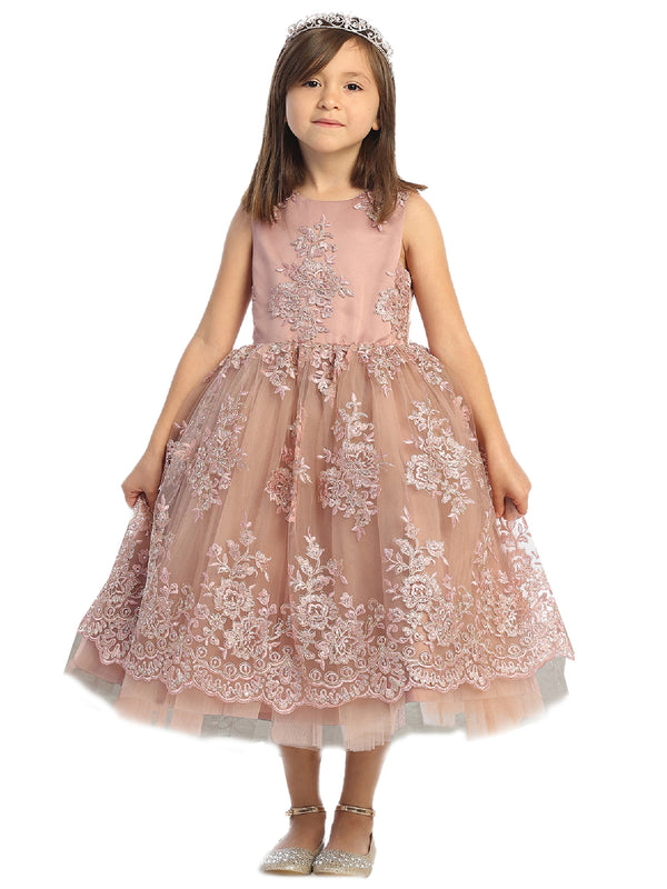 Big Girls Mauve Metallic Lace Overlay Tulle Junior Bridesmaid Dress 8-16 - SophiasStyle.com