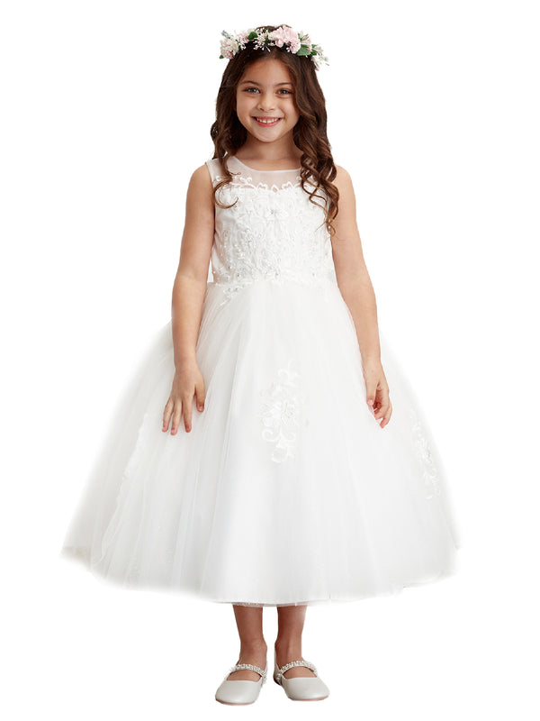 Little Girls Ivory Illusion Neckline Lace Appliques Flower Girl Dress 2-6 - SophiasStyle.com