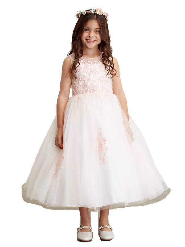Big Girls Blush Illusion Neckline Lace Appliques Junior Bridesmaid Dress 8-18 - SophiasStyle.com