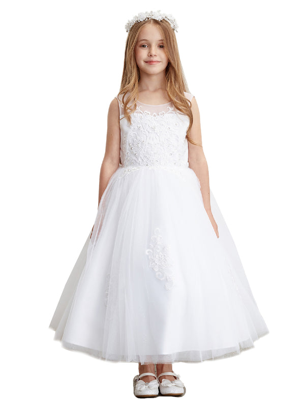 Big Girls White Illusion Neckline Lace Appliques Junior Bridesmaid Dress 8-18 - SophiasStyle.com