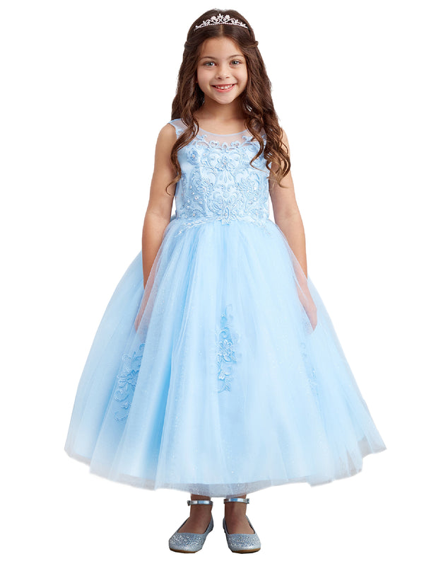 Big Girls Sky Blue Illusion Neckline Lace Appliques Junior Bridesmaid Dress 8-18 - SophiasStyle.com