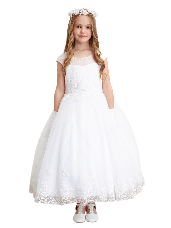 Tip Top Kids Big Girls White Illusion Neck Lace Hem Communion Dress 7-18 - SophiasStyle.com