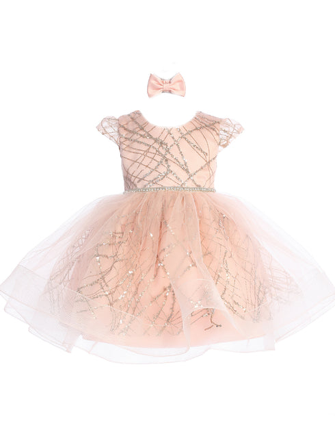 Baby Girls Rose Gold Glitter Rhinestone Waistline Tulle Flower Girl Dress 6-24M - SophiasStyle.com