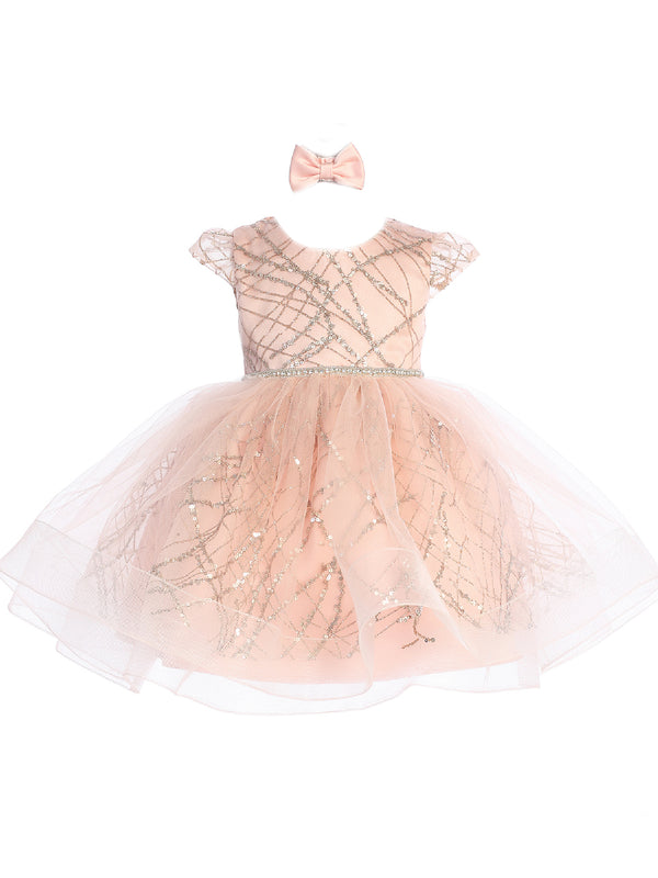 Baby Girls Rose Gold Glitter Rhinestone Waistline Tulle Flower Girl Dress 6-24M - SophiasStyle.com