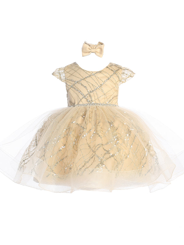 Baby Girls Gold Glitter Rhinestone Waistline Tulle Flower Girl Dress 6-24M - SophiasStyle.com