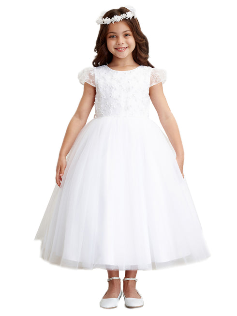 Big Girls White Lace Tulle Cape Sleeve Junior Bridesmaid Dress 8-16 - SophiasStyle.com