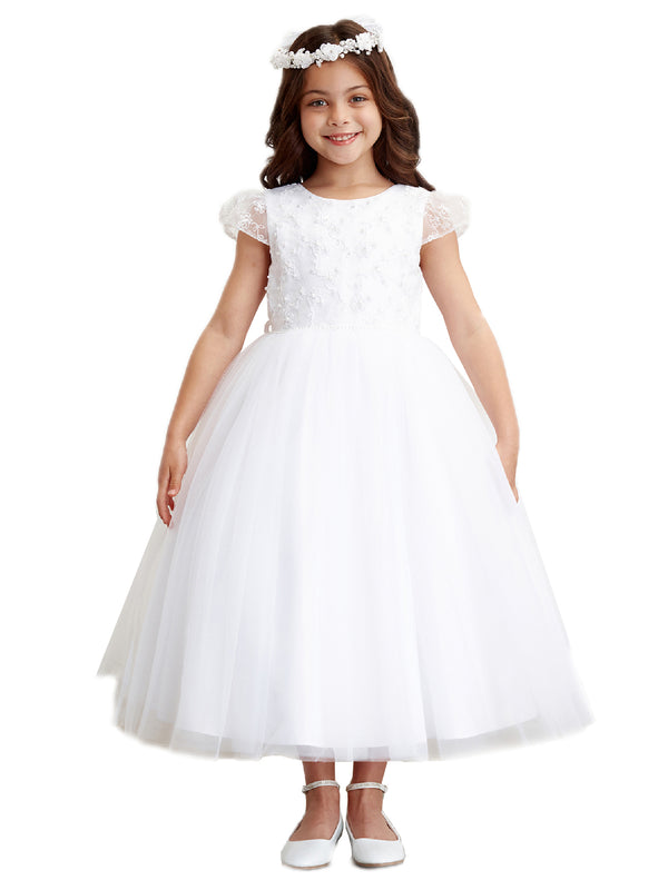 Big Girls White Lace Tulle Cape Sleeve Junior Bridesmaid Dress 8-16 - SophiasStyle.com