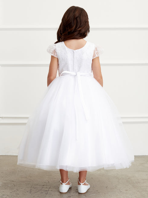 Big Girls White Lace Tulle Cape Sleeve Junior Bridesmaid Dress 8-16 - SophiasStyle.com