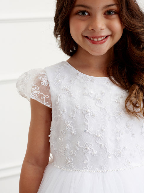 Big Girls White Lace Tulle Cape Sleeve Junior Bridesmaid Dress 8-16 - SophiasStyle.com