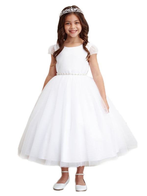 Big Girls White Tulle Cape Sleeve Rhinestone Belt Junior Bridesmaid Dress 8-16 - SophiasStyle.com