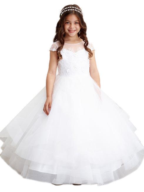 Little Girls White Illusion Neckline Horse Hair Flower Girl Dress 2-6 - SophiasStyle.com