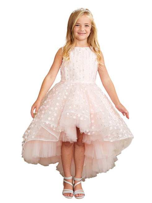 Tip Top Kids Girls Hi-Low Dress with 3D Flower, Beads, and Sequin Overlay Bodice, Sizes 2-12 - SophiasStyle.com