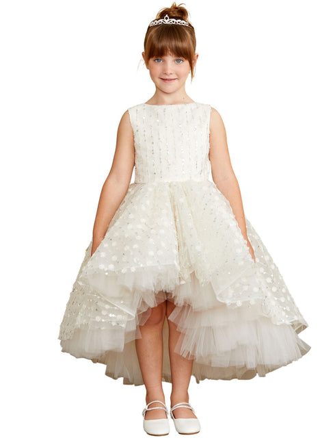 Tip Top Kids Girls Hi-Low Dress with 3D Flower, Beads, and Sequin Overlay Bodice, Sizes 2-12 - SophiasStyle.com