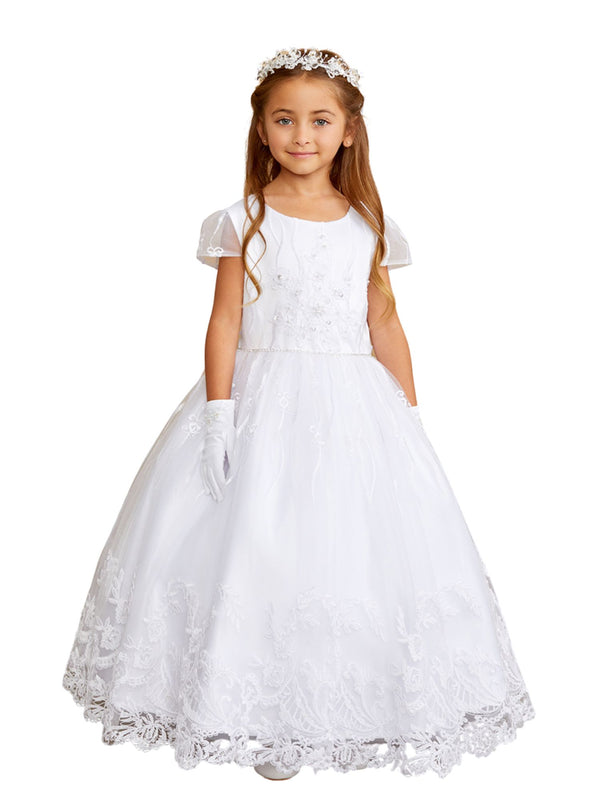 Tip Top Kids Girls White Floral Lace Applique Communion Dress, Sizes 7-18 - SophiasStyle.com