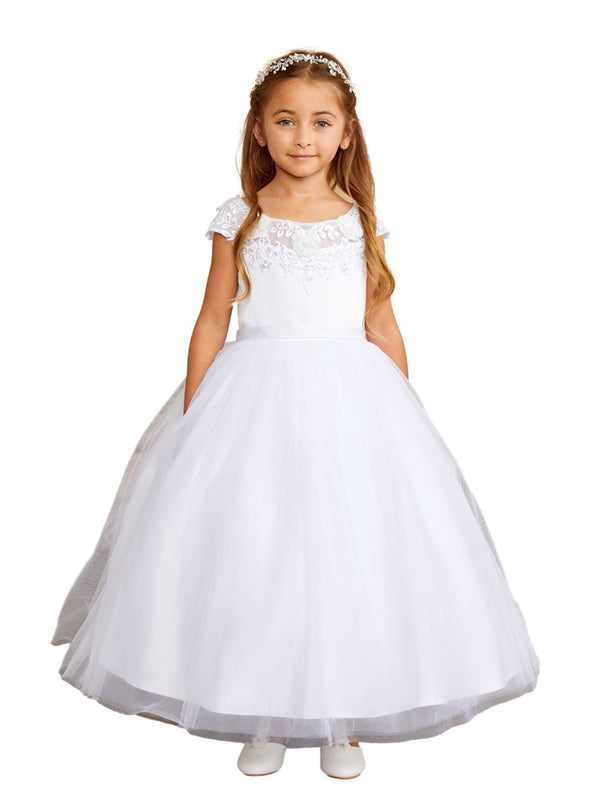 Tip Top Kids Girls Illusion Boat Neckline Lace Applique Communion Dress, Sizes 2-16 - SophiasStyle.com
