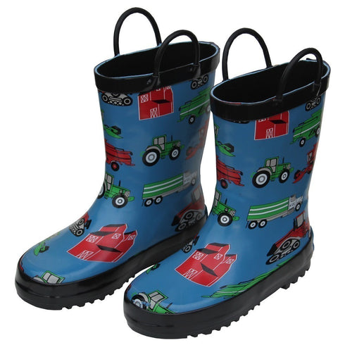 Foxfire Little Boys Blue Farm Equipment Rubber Rain Boots 5-10 Toddler - SophiasStyle.com