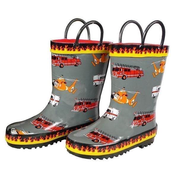 Foxfire Boys Grey Fire Trucks Printed Rubber Boots 11-3 Kids - SophiasStyle.com