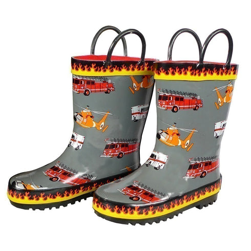 Foxfire Boys Grey Fire Trucks Printed Rubber Boots 5-10 Toddler - SophiasStyle.com