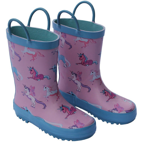 Foxfire Little Girls Pink Unicorn Print Pull On Handle Rain Boots 5-10 Toddler - SophiasStyle.com
