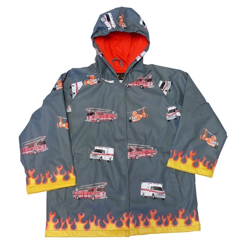 Foxfire Little Boys Grey Fire Truck Print Hooded Raincoat 2T-6 - SophiasStyle.com