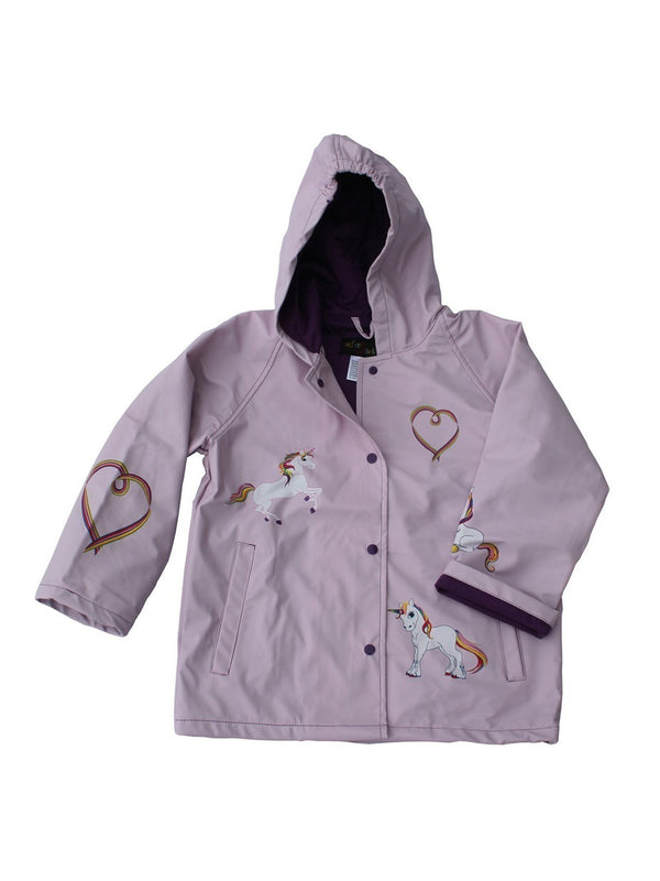 Foxfire Big Girls Lilac Rainbow Heart Unicorn Print Hooded Rain Coat 8-10 - SophiasStyle.com