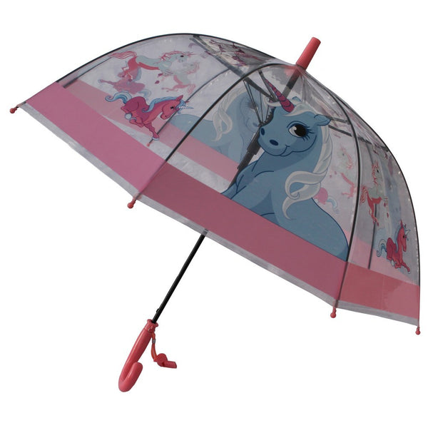 Foxfire Girls Clear Dome Pink Trim Unicorn Whistle Umbrella 29" - SophiasStyle.com