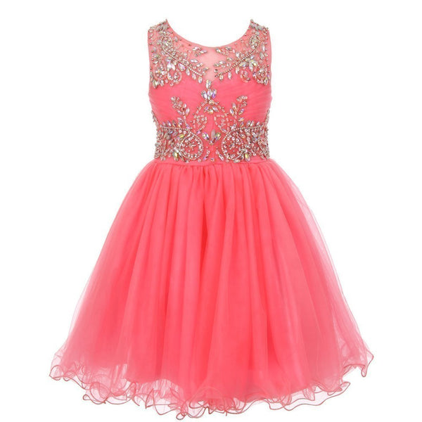 Big Girls Coral Tulle AB Stone Wired Flower Girl Dress 8-16 - SophiasStyle.com