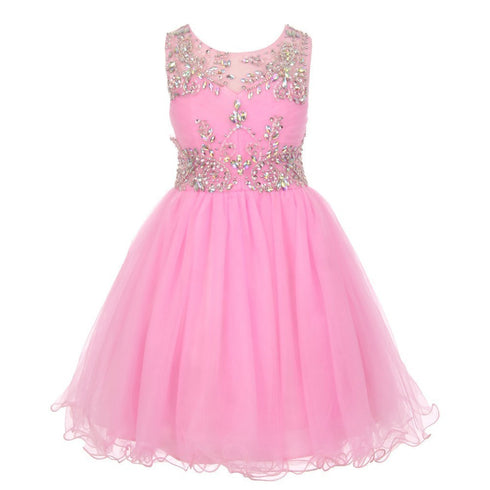 Little Girls Pink Tulle AB Stone Wired Flower Girl Dress 4-6 - SophiasStyle.com