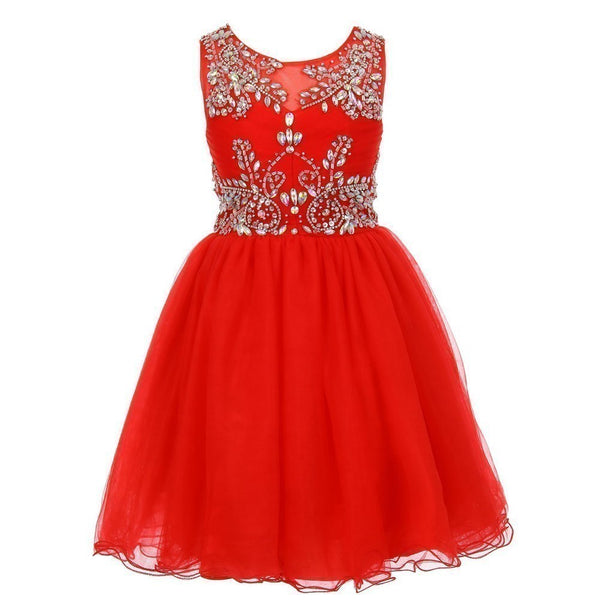 Big Girls Red Tulle AB Stone Wired Flower Girl Dress 8-16 - SophiasStyle.com