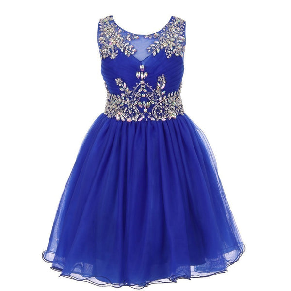 Big Girls Royal Blue Tulle AB Stone Wired Flower Girl Dress 8-16 - SophiasStyle.com