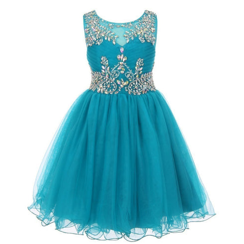 Big Girls Teal Tulle AB Stone Wired Flower Girl Dress 8-16 - SophiasStyle.com