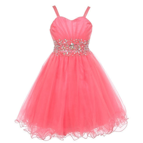 Little Girls Coral Stone Encrusted Pleated Tulle Party Dress 2-6 - SophiasStyle.com