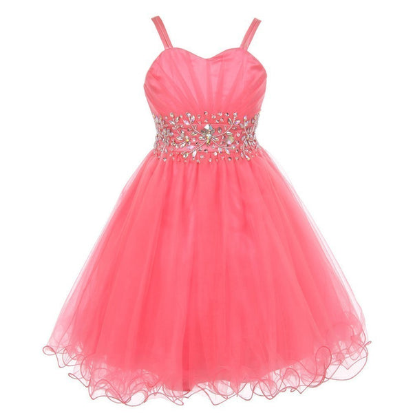 Big Girls Coral Stone Encrusted Pleated Tulle Junior Bridesmaid Dress 8-16 - SophiasStyle.com