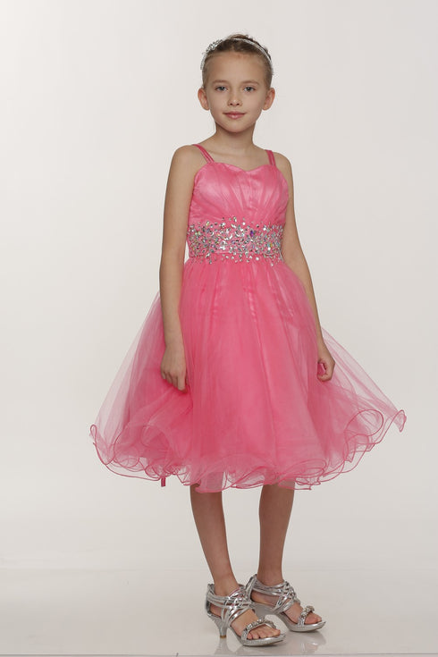 Big Girls Coral Stone Encrusted Pleated Tulle Junior Bridesmaid Dress 8-16 - SophiasStyle.com