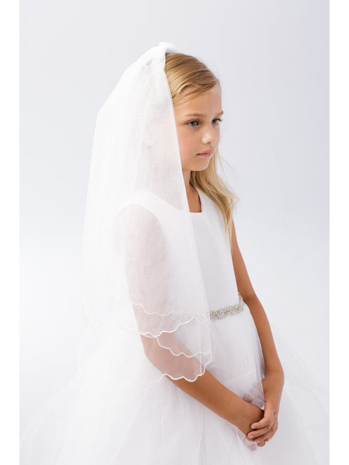 Girls White Scalloped Chord Edging Double Layer Communion Flower Girl Veil - SophiasStyle.com