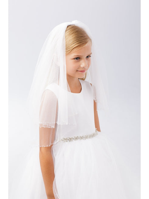 Girls White Raw Tulle Edge Beaded Double Layer Communion Flower Girl Veil - SophiasStyle.com