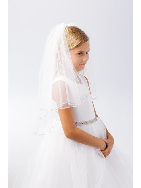 Girls White Rhinestone Clear Casing Double Layer Communion Flower Girl Veil - SophiasStyle.com