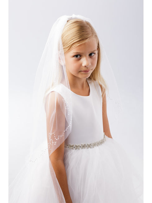Girls White Sequin Embellished Single Layer Communion Flower Girl Veil - SophiasStyle.com