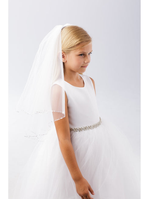 Girls White Sparkle Round Sequin Edge Stylish Communion Flower Girl Veil - SophiasStyle.com