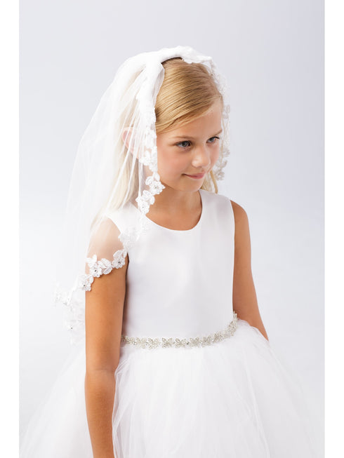 Girls White Floral Lace Edge Stylish Single Layer Communion Flower Girl Veil - SophiasStyle.com