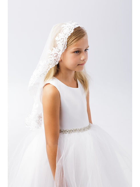 Girls White Scalloped Floral Lace Edge Mantilla Communion Flower Girl Veil - SophiasStyle.com