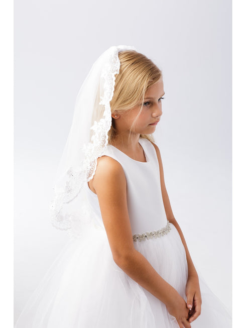 Girls White Wide Floral Lace Edge Single Layer Communion Flower Girl Veil - SophiasStyle.com