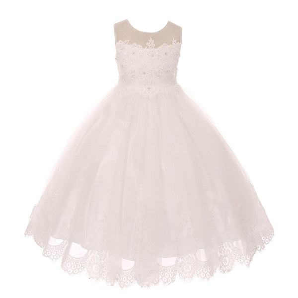Kids Dream Little Girls Ivory Lace Stone Applique Tulle Flower Girl Dress 4-6 - SophiasStyle.com