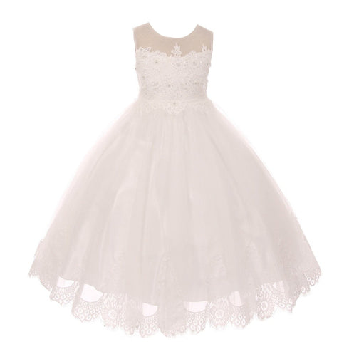 Kids Dream Little Girls Ivory Lace Stone Applique Tulle Flower Girl Dress 4-6 - SophiasStyle.com