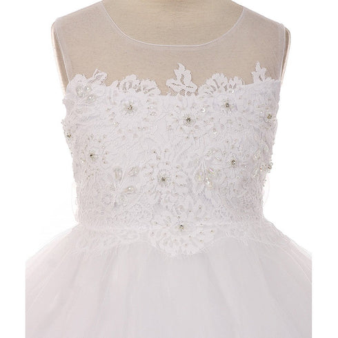 Kids Dream Little Girls White Lace Stone Applique Tulle Flower Girl Dress 4-6 - SophiasStyle.com